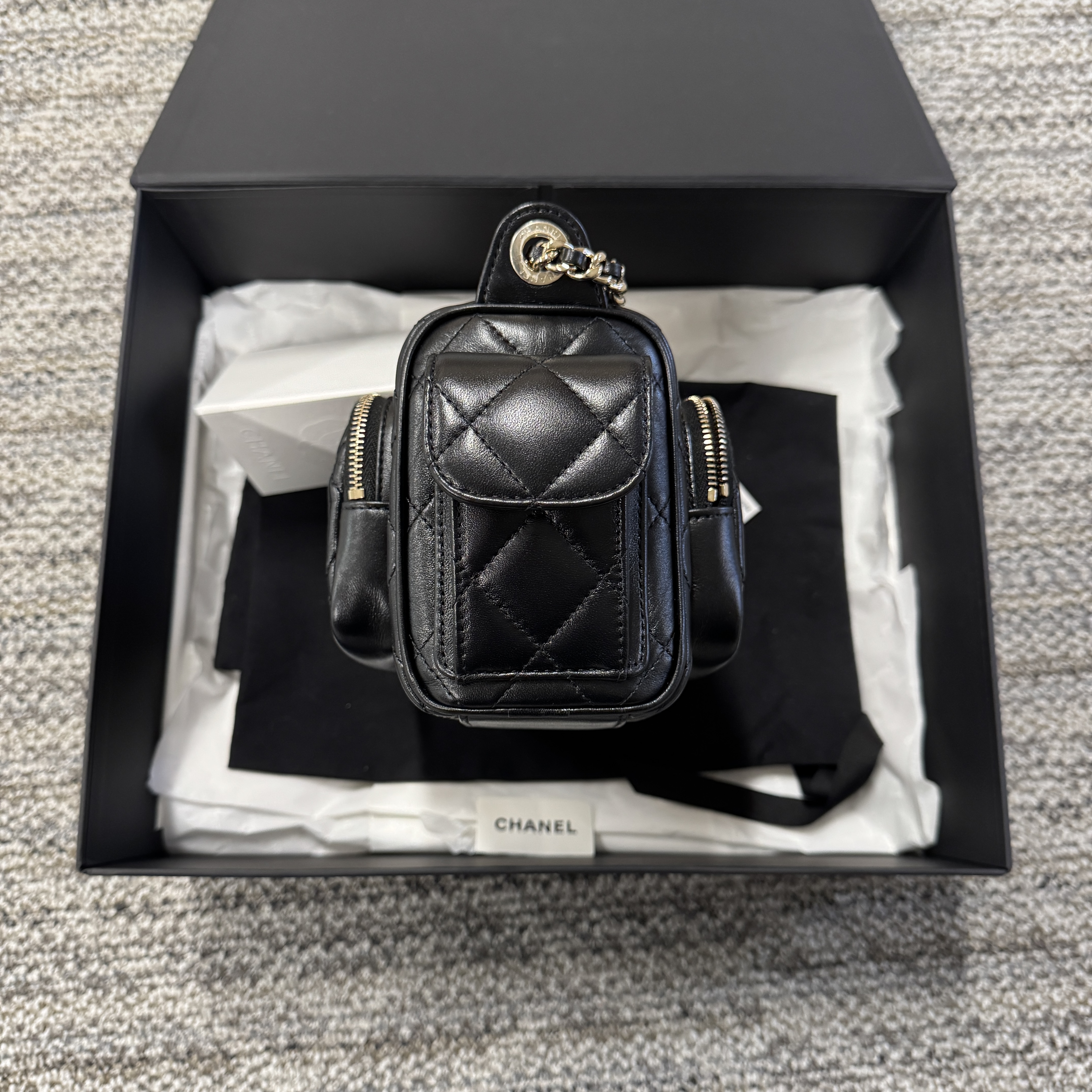 CHANEL  Preppy Pocket Camera Bag Shiny Crumpled Black Lambskin LGHW